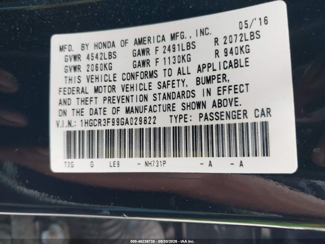 Aukcja sprzedaży 2016 Honda Accord Touring, vin: 1HGCR3F99GA029822, numer aukcji: 46236738