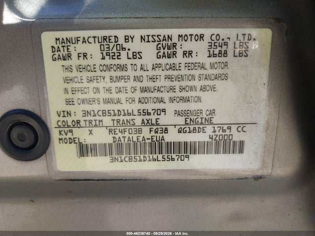 2006 Nissan Sentra 1.8s მანქანა იყიდება აუქციონზე, vin: 3N1CB51D16L556709, აუქციონის ნომერი: 46236740