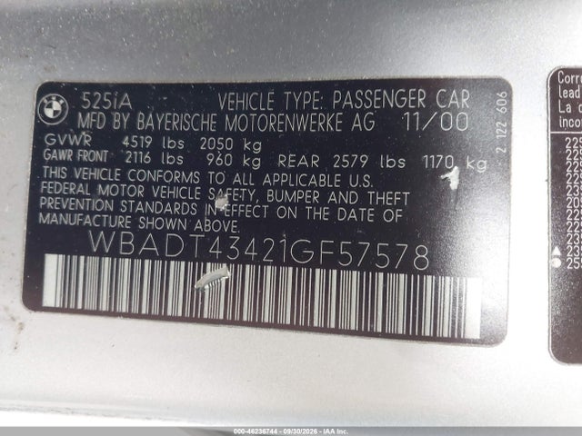 Продажа на аукционе авто 2001 Bmw 525ia, vin: WBADT43421GF57578, номер лота: 46236744
