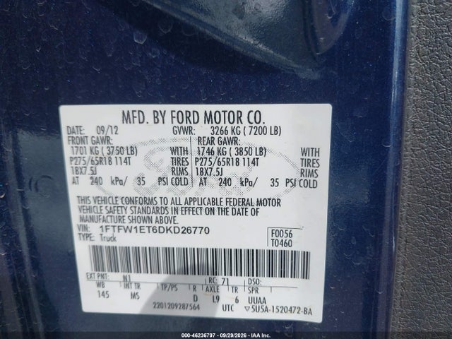 46236797 :رقم المزاد ، 1FTFW1ET6DKD26770 vin ، 2013 Ford F-150 Xlt مزاد بيع