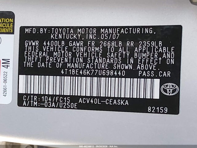 Aukcja sprzedaży 2007 Toyota Camry Se, vin: 4T1BE46K77U698440, numer aukcji: 46236812