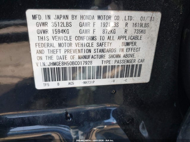 46236824 :رقم المزاد ، JHMGE8H50BC017928 vin ، 2011 Honda Fit Sport مزاد بيع