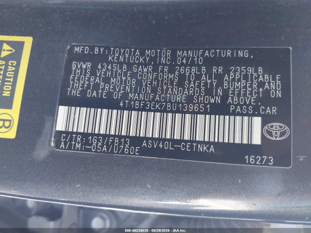 46236830 :رقم المزاد ، 4T1BF3EK7BU139651 vin ، 2011 Toyota Camry Le مزاد بيع