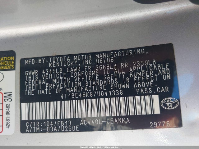 46236860 :رقم المزاد ، 4T1BE46K87U041338 vin ، 2007 Toyota Camry Le مزاد بيع