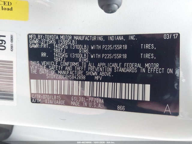 5TDYZ3DCXHS842898 Toyota Sienna Limited Premium 7 Passenger