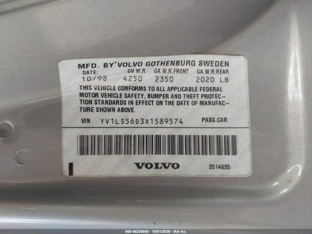Aukcja sprzedaży 1999 Volvo S70 Glt, vin: YV1LS56D3X1589574, numer aukcji: 46236888