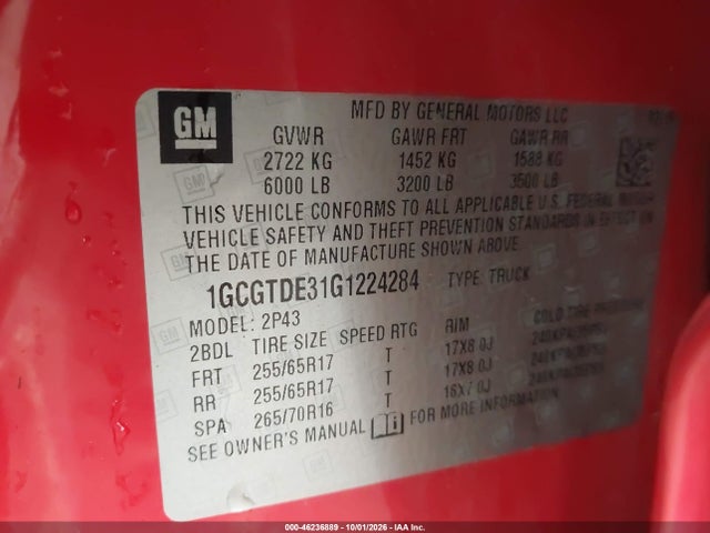 46236889 :رقم المزاد ، 1GCGTDE31G1224284 vin ، 2016 Chevrolet Colorado Z71 مزاد بيع