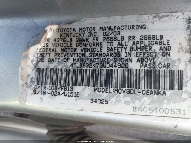 2003 Toyota Camry Le V6 მანქანა იყიდება აუქციონზე, vin: 4T1BF32K73U044920, აუქციონის ნომერი: 46236912