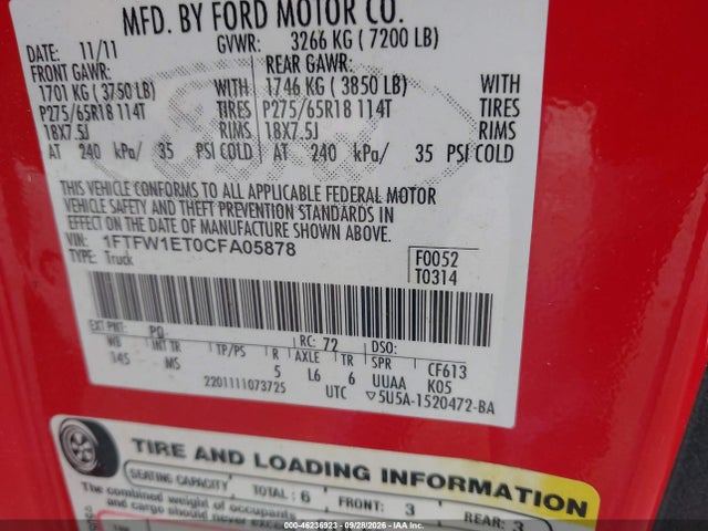 Продажа на аукционе авто 2012 Ford F-150 Xlt, vin: 1FTFW1ET0CFA05878, номер лота: 46236923