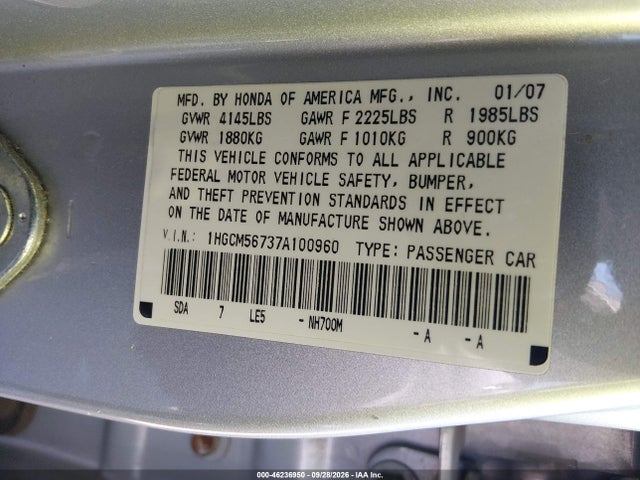 Продаж на аукціоні авто 2007 Honda Accord 2.4 Ex, vin: 1HGCM56737A100960, номер лоту: 46236950