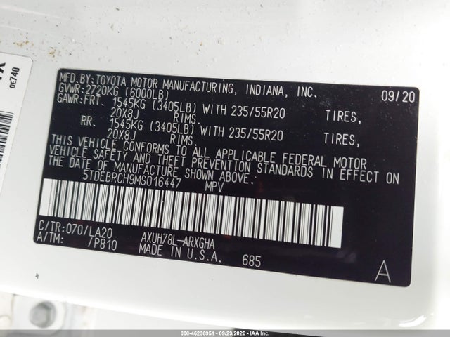 2021 Toyota Highlander Hybrid Platinum მანქანა იყიდება აუქციონზე, vin: 5TDEBRCH9MS016447, აუქციონის ნომერი: 46236951