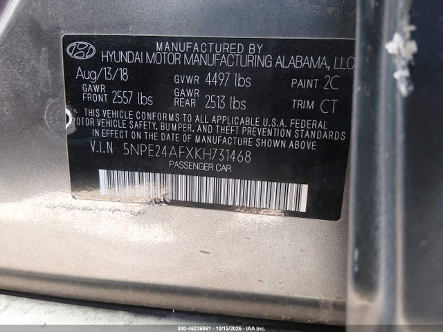 46236961 :رقم المزاد ، 5NPE24AFXKH731468 vin ، 2019 Hyundai Sonata Se مزاد بيع