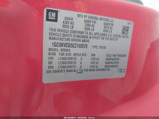 Aukcja sprzedaży 2012 Chevrolet Silverado 2500hd Work Truck, vin: 1GC0KVCG5CZ160570, numer aukcji: 46236979
