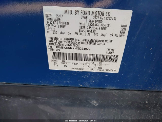 46236985 :رقم المزاد ، 1FM5K8ARXHGD24972 vin ، 2017 Ford Utility Police Interceptor مزاد بيع