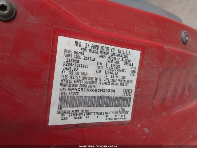 46237005 :رقم المزاد ، 4F4CR16X6RTM14304 vin ، 1994 Mazda B4000 Cab Plus مزاد بيع