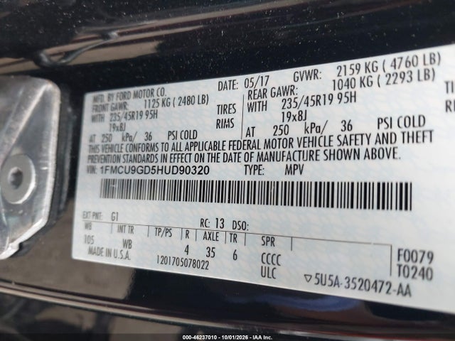 2017 Ford Escape Se მანქანა იყიდება აუქციონზე, vin: 1FMCU9GD5HUD90320, აუქციონის ნომერი: 46237010