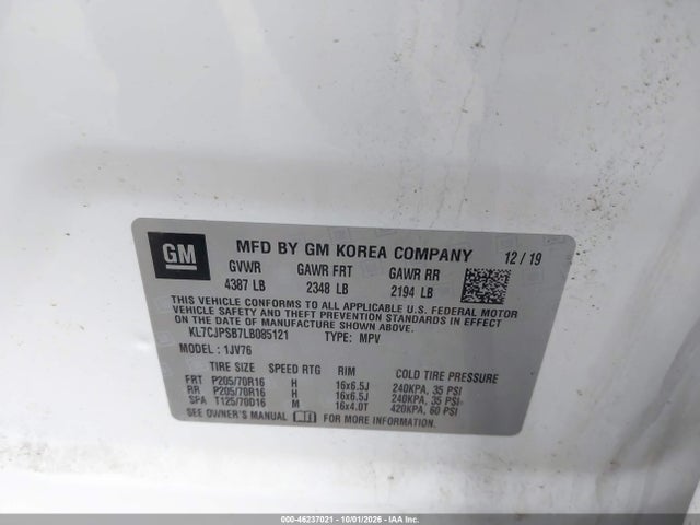 46237021 :رقم المزاد ، KL7CJPSB7LB085121 vin ، 2020 Chevrolet Trax Awd Lt مزاد بيع