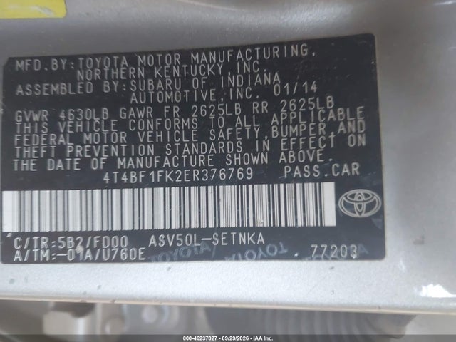 2014 Toyota Camry L/se/le/xle მანქანა იყიდება აუქციონზე, vin: 4T4BF1FK2ER376769, აუქციონის ნომერი: 46237027