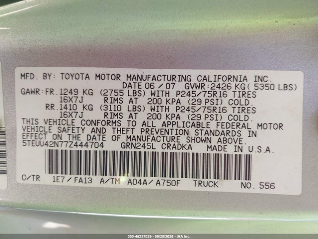 Продажа на аукционе авто 2007 Toyota Tacoma Base V6, vin: 5TEUU42N77Z444704, номер лота: 46237029