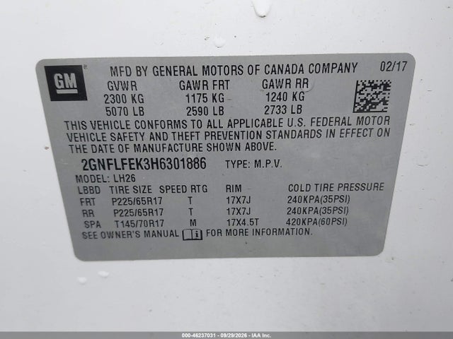 2GNFLFEK3H6301886 Chevrolet EQUINOX LT
