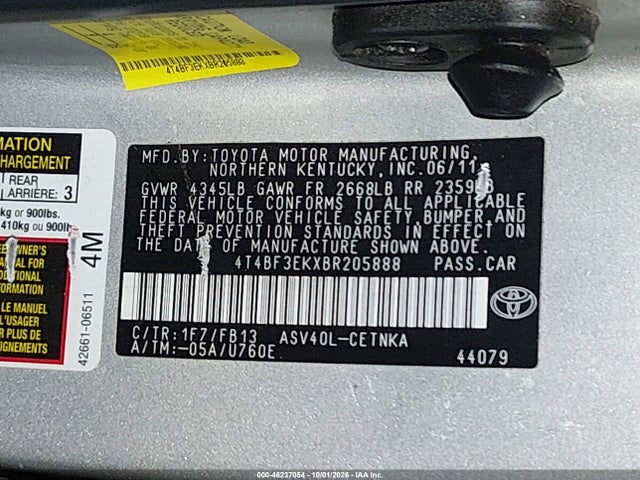 46237054 :رقم المزاد ، 4T4BF3EKXBR205888 vin ، 2011 Toyota Camry Le مزاد بيع