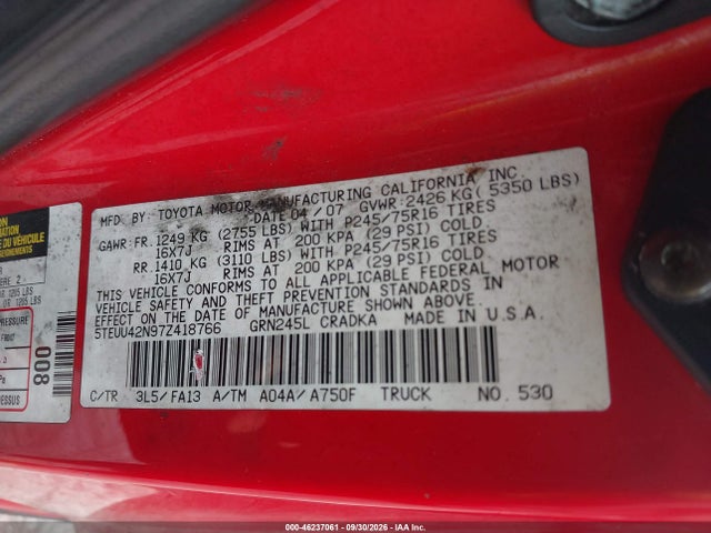 46237061 :رقم المزاد ، 5TEUU42N97Z418766 vin ، 2007 Toyota Tacoma Base V6 مزاد بيع