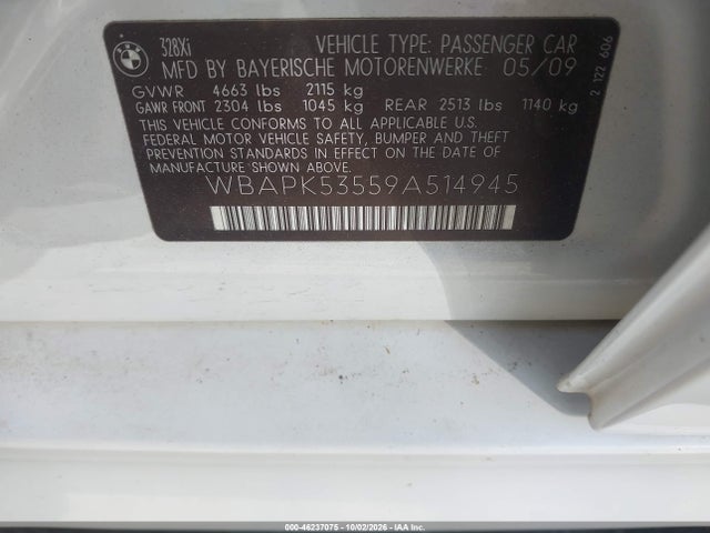 Aukcja sprzedaży 2009 Bmw 328i Xdrive, vin: WBAPK53559A514945, numer aukcji: 46237075