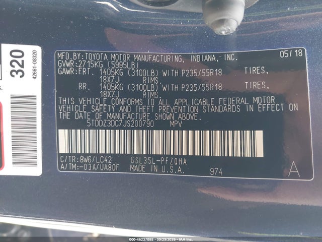 46237088 :رقم المزاد ، 5TDDZ3DC7JS200790 vin ، 2018 Toyota Sienna Xle Premium 7 Passenger مزاد بيع