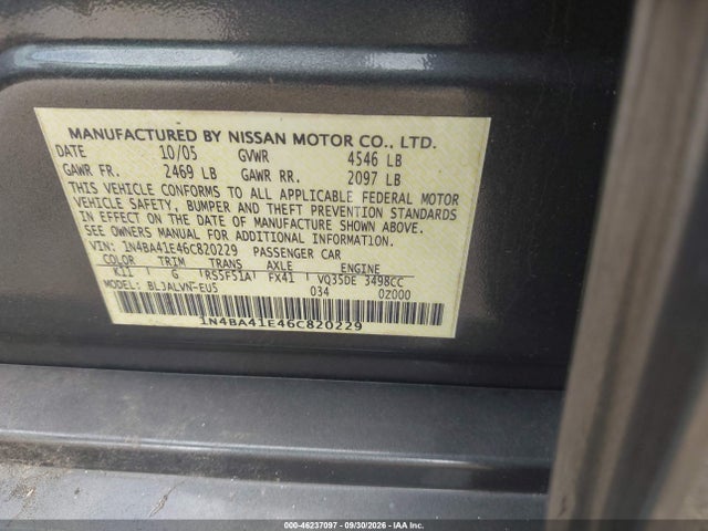 46237097 :رقم المزاد ، 1N4BA41E46C820229 vin ، 2006 Nissan Maxima 3.5 Se مزاد بيع