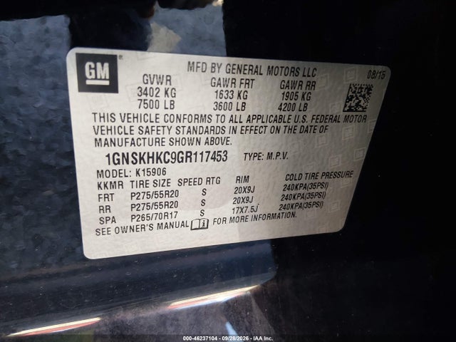 Aukcja sprzedaży 2016 Chevrolet Suburban Lt, vin: 1GNSKHKC9GR117453, numer aukcji: 46237104