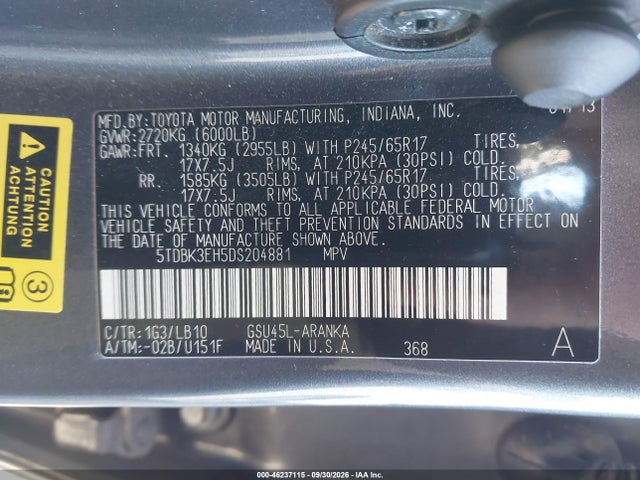 2013 Toyota Highlander Se V6 მანქანა იყიდება აუქციონზე, vin: 5TDBK3EH5DS204881, აუქციონის ნომერი: 46237115