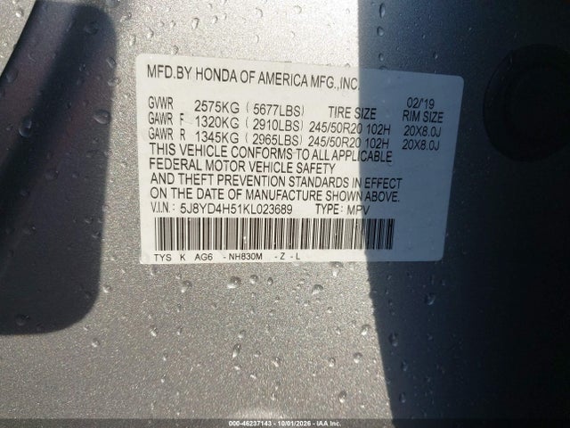 46237143 :رقم المزاد ، 5J8YD4H51KL023689 vin ، 2019 Acura Mdx Tech Pkg مزاد بيع