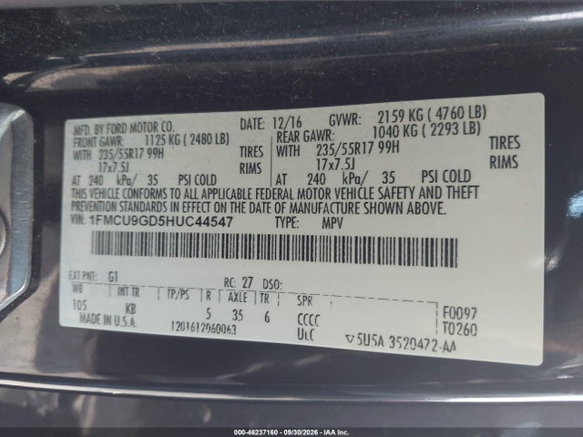 Продаж на аукціоні авто 2017 Ford Escape Se, vin: 1FMCU9GD5HUC44547, номер лоту: 46237160