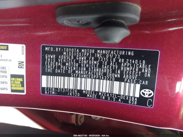 46237163 :رقم المزاد ، 5YFS4MCE0PP143770 vin ، 2023 Toyota Corolla Se مزاد بيع