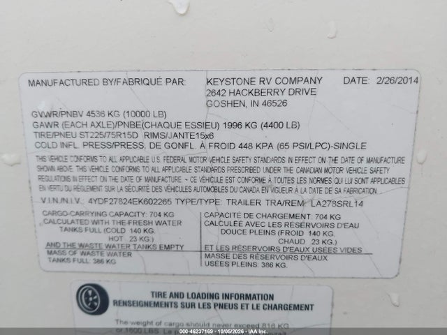 Aukcja sprzedaży 2014 Keystone Rv Laredo 278srl 5th Whl Travel Trailer, vin: 4YDF27824EK602265, numer aukcji: 46237169
