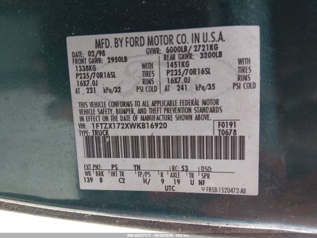 Продаж на аукціоні авто 1998 Ford F-150 Standard/xl/xlt, vin: 1FTZX172XWKB16920, номер лоту: 46237177