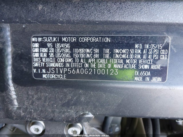 Продаж на аукціоні авто 2016 Suzuki Dl650 A, vin: JS1VP56A0G2100123, номер лоту: 46237182