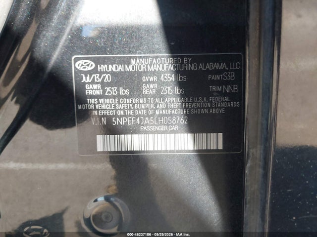 Aukcja sprzedaży 2020 Hyundai Sonata Sel, vin: 5NPEF4JA5LH058762, numer aukcji: 46237186