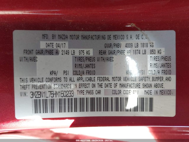 3MZBN1L75HM150233 Mazda Mazda3 Touring