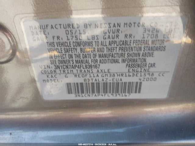 Aukcja sprzedaży 2015 Nissan Versa 1.6 S+, vin: 3N1CN7AP4FL939167, numer aukcji: 46237214