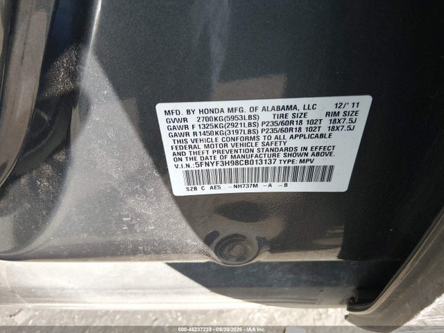 Продаж на аукціоні авто 2012 Honda Pilot Touring, vin: 5FNYF3H98CB013137, номер лоту: 46237233