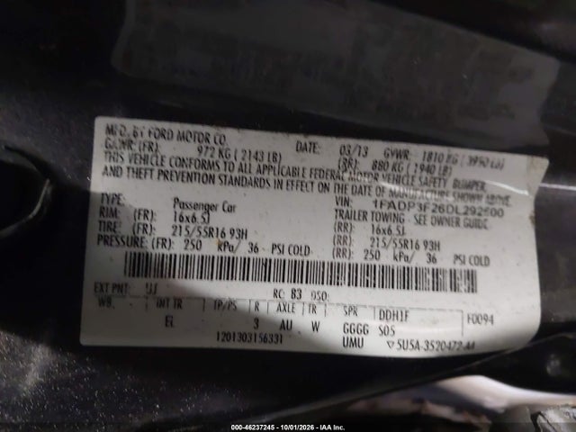 46237245 :رقم المزاد ، 1FADP3F26DL292500 vin ، 2013 Ford Focus Se مزاد بيع