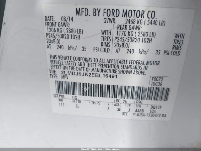 Продажа на аукционе авто 2014 Lincoln Mkx, vin: 2LMDJ6JK2EBL16491, номер лота: 46237260