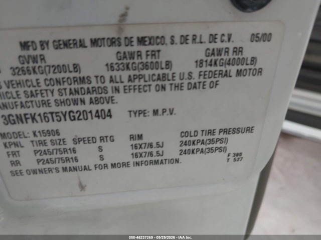 Aukcja sprzedaży 2000 Chevrolet Suburban 1500 Ls, vin: 3GNFK16T5YG201404, numer aukcji: 46237269