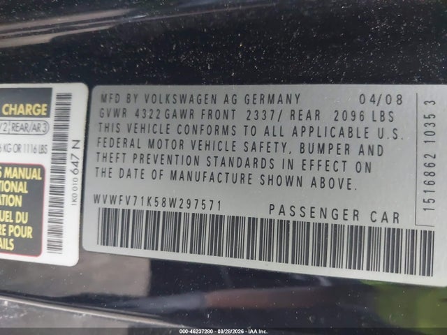 Продажа на аукционе авто 2008 Volkswagen Gti 2-door, vin: WVWFV71K58W297571, номер лота: 46237280