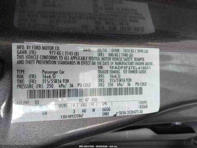 46237294 :رقم المزاد ، 1FADP3F27EL418851 vin ، 2014 Ford Focus Se مزاد بيع