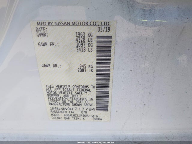 46237297 :رقم المزاد ، 1N4BL4DV0KC217794 vin ، 2019 Nissan Altima 2.5 Sv مزاد بيع