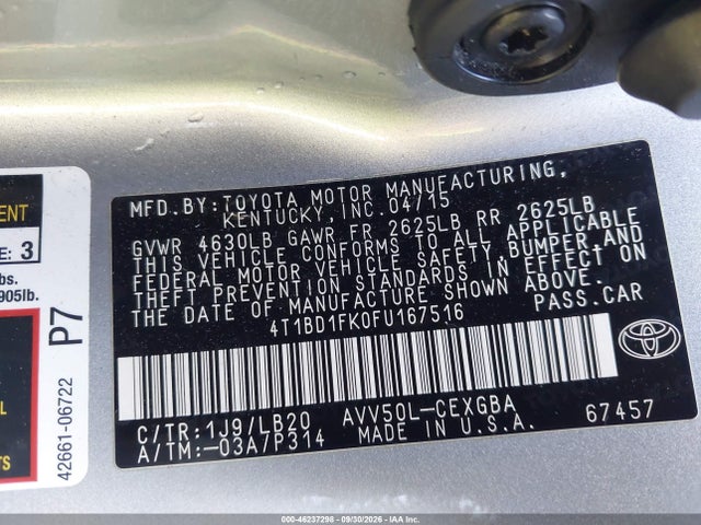 4T1BD1FK0FU167516 Toyota Camry Hybrid Xle