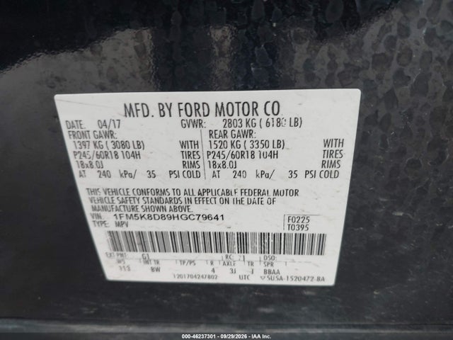 46237301 :رقم المزاد ، 1FM5K8D89HGC79641 vin ، 2017 Ford Explorer Xlt مزاد بيع