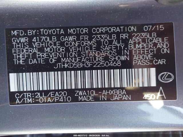 JTHKD5BH3F2250468 Lexus CT 200H